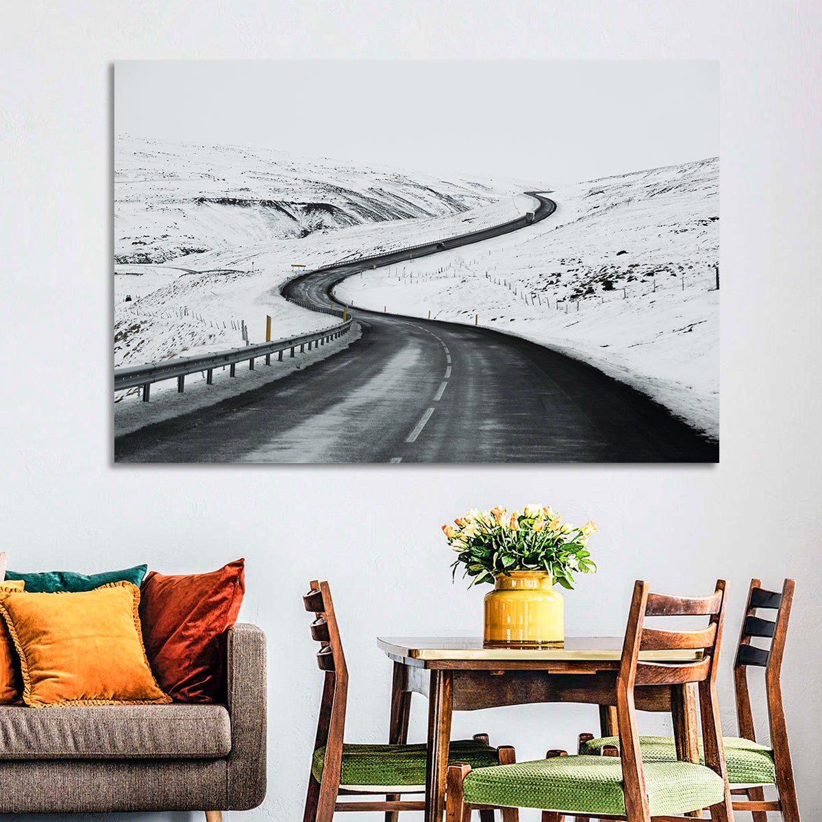 Winding Snow Road with Yellow Markers Wall Art in a room, landscape