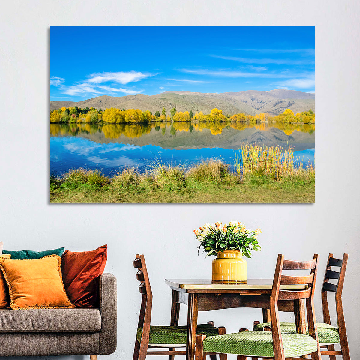 Ruataniwha Autumn Reflection Wall Art in a room, landscape