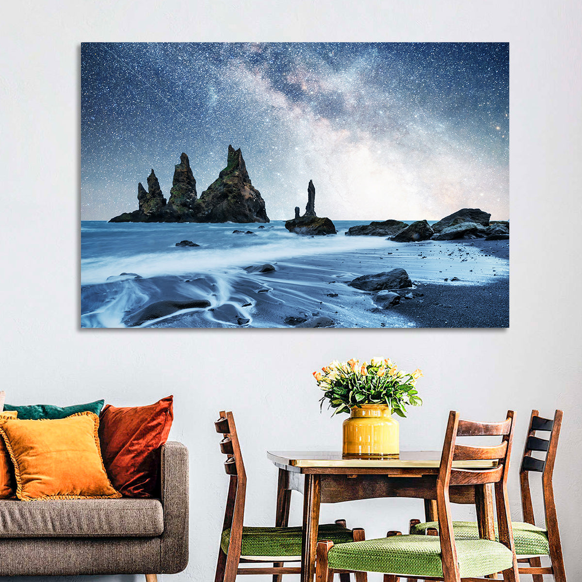Reynisdrangar Sea Stacks Night Wall Art in a room, landscape