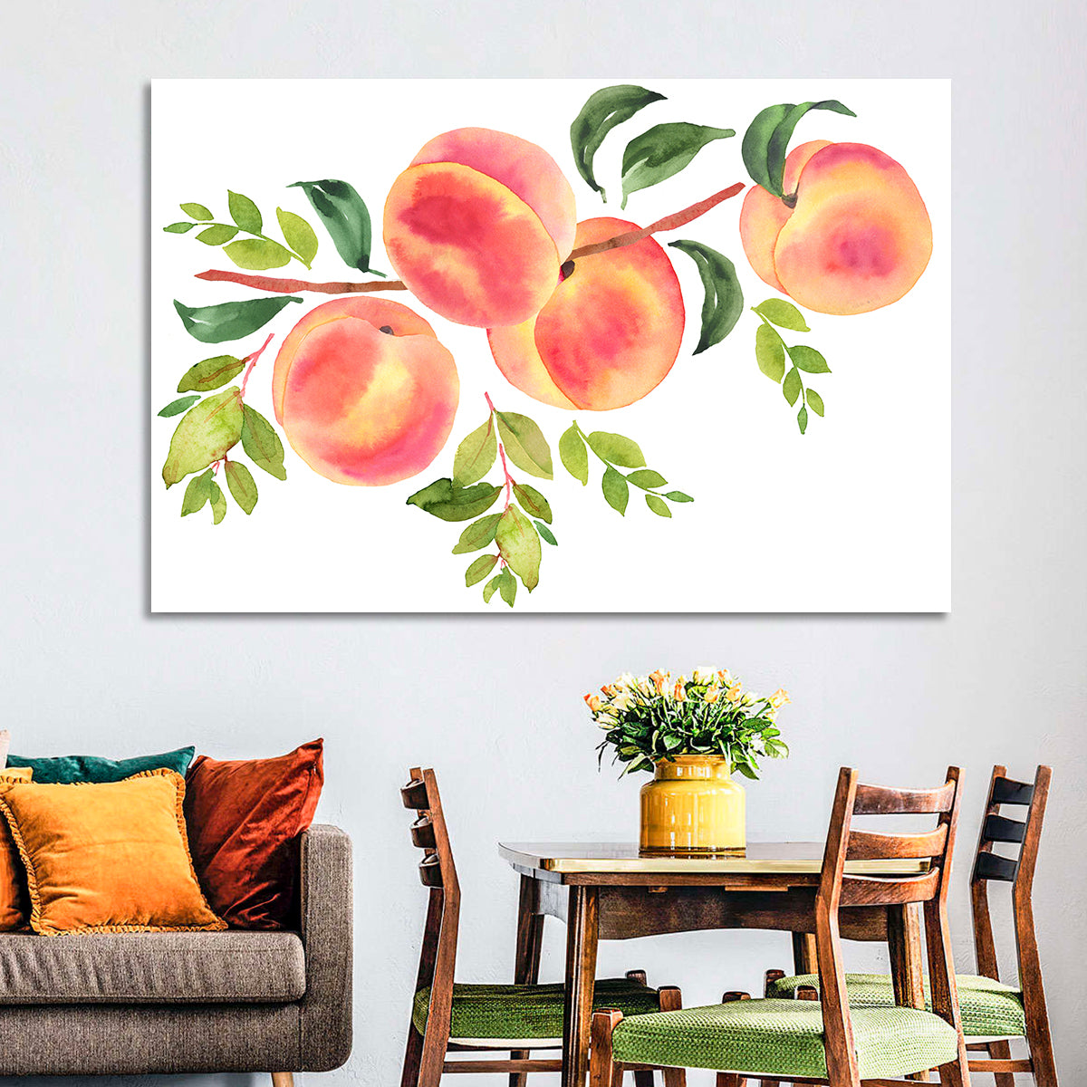 Watercolor Peach Branch Wall Art in a room, landscape