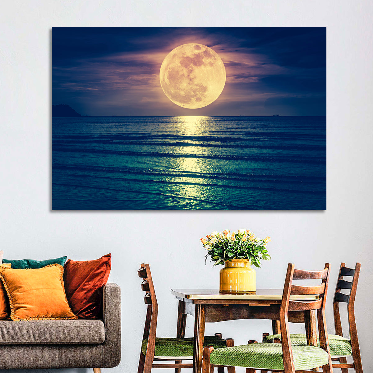 Supermoon Over Calm Sea Wall Art in a room, landscape