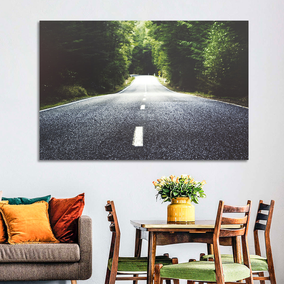 Summer Forest Road with Yellow Sign Wall Art in a room, landscape