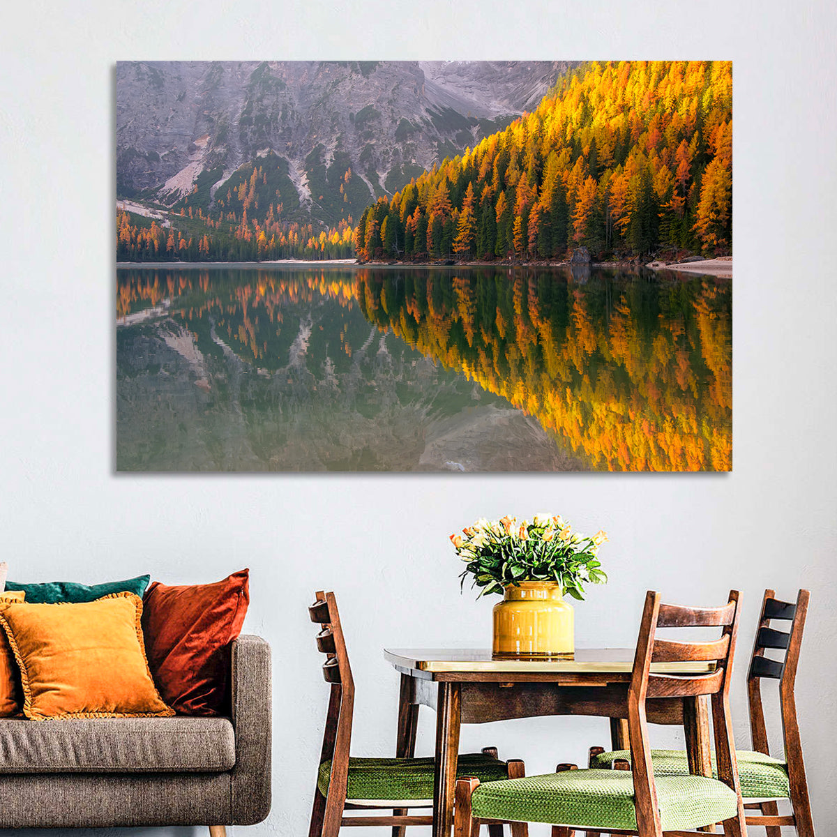 Braies Lake Golden Reflection Wall Art in a room, landscape