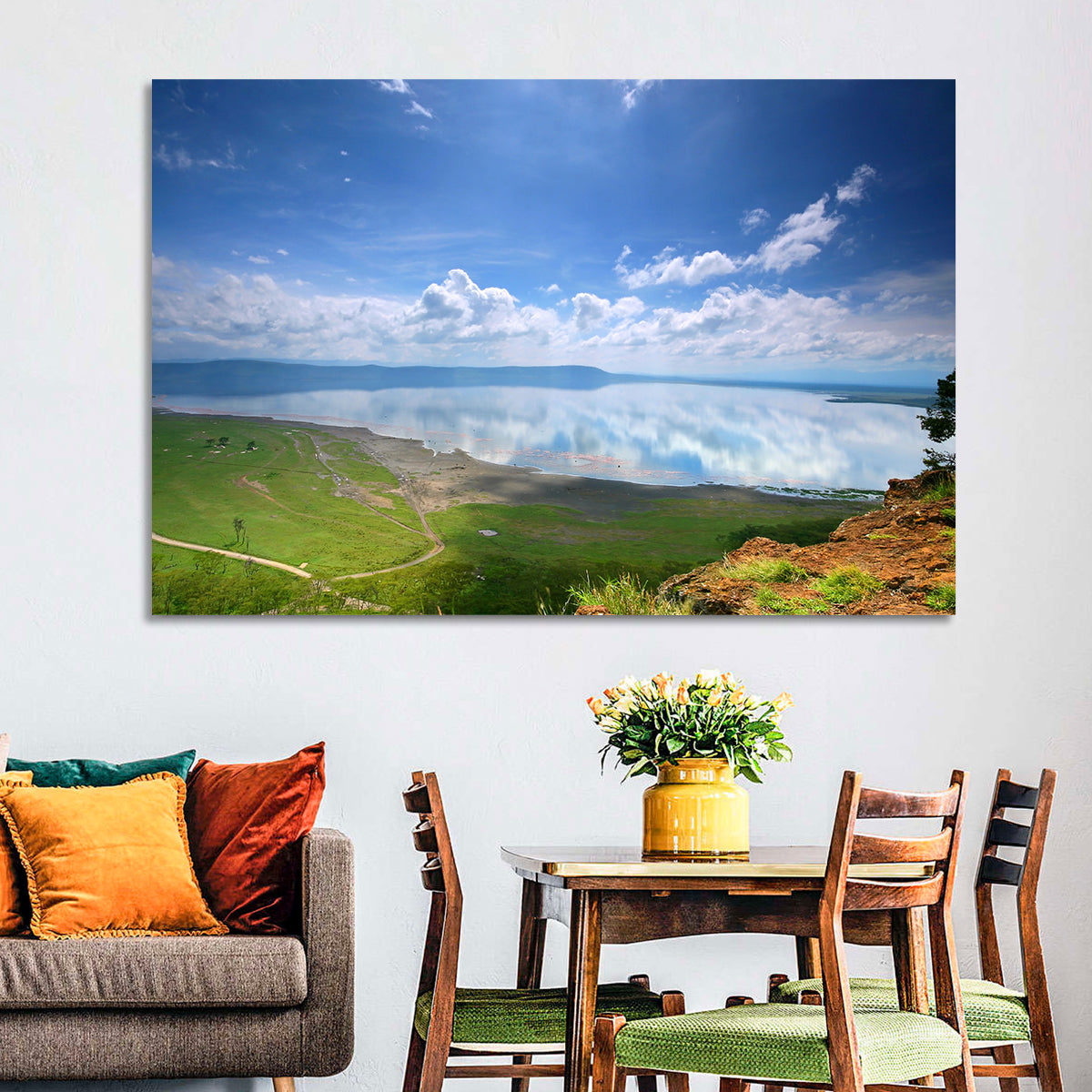 Lake Nakuru Cliffside Reflection Wall Art in a room, landscape