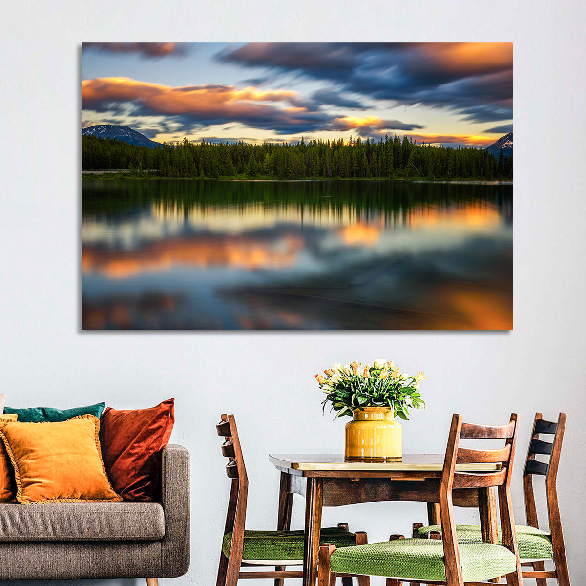 Herbert Lake Sunset Reflection Wall Art in a room, landscape