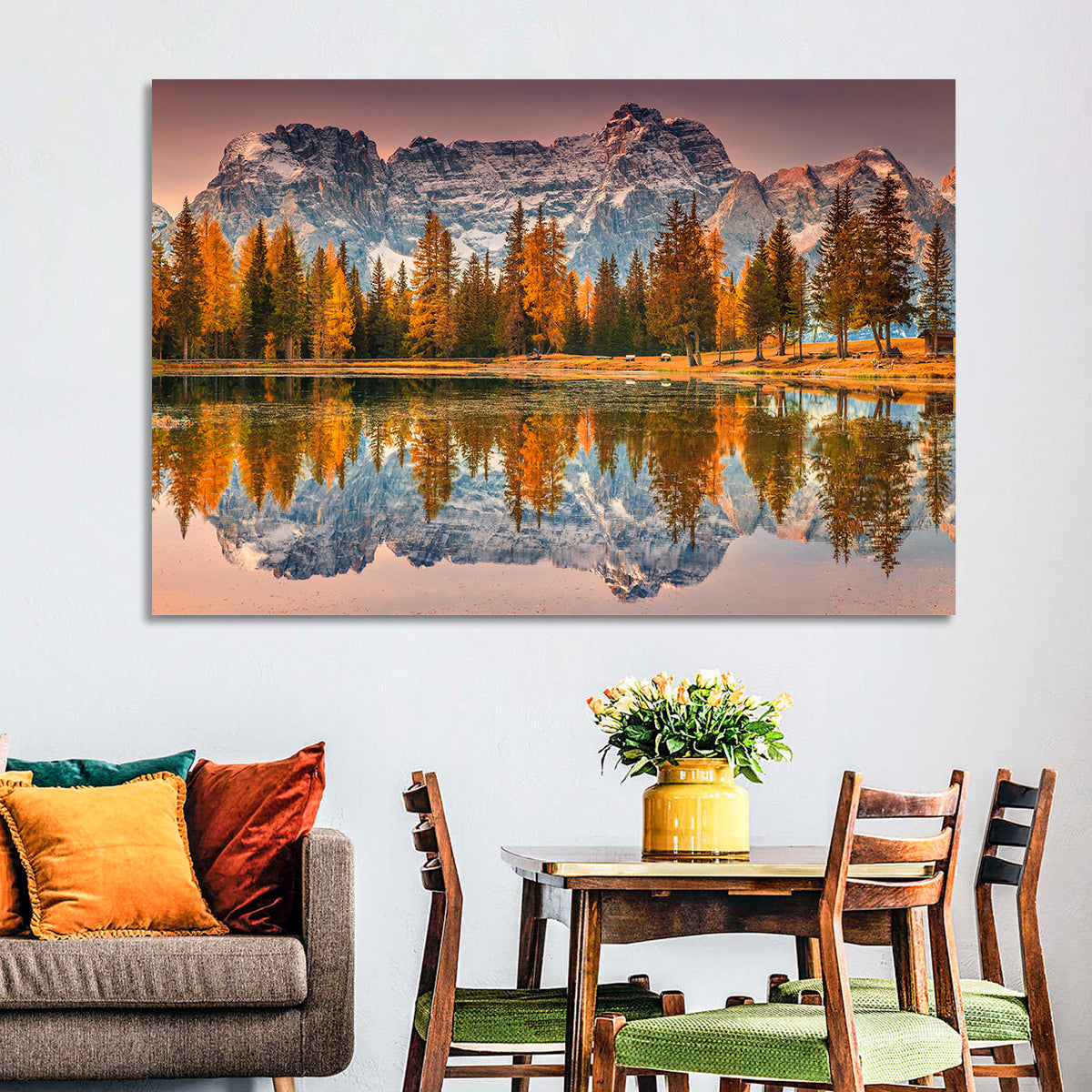 Antorno Lake Autumn Reflection Wall Art in a room, landscape
