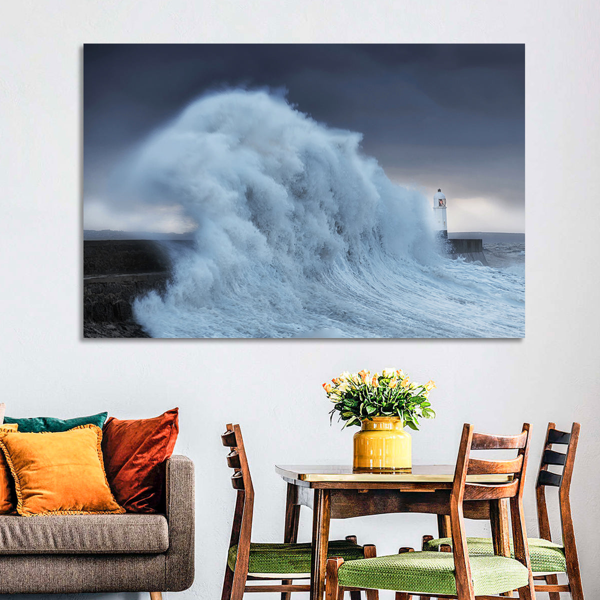 Lighthouse in a Sea Storm Wall Art in a room, landscape