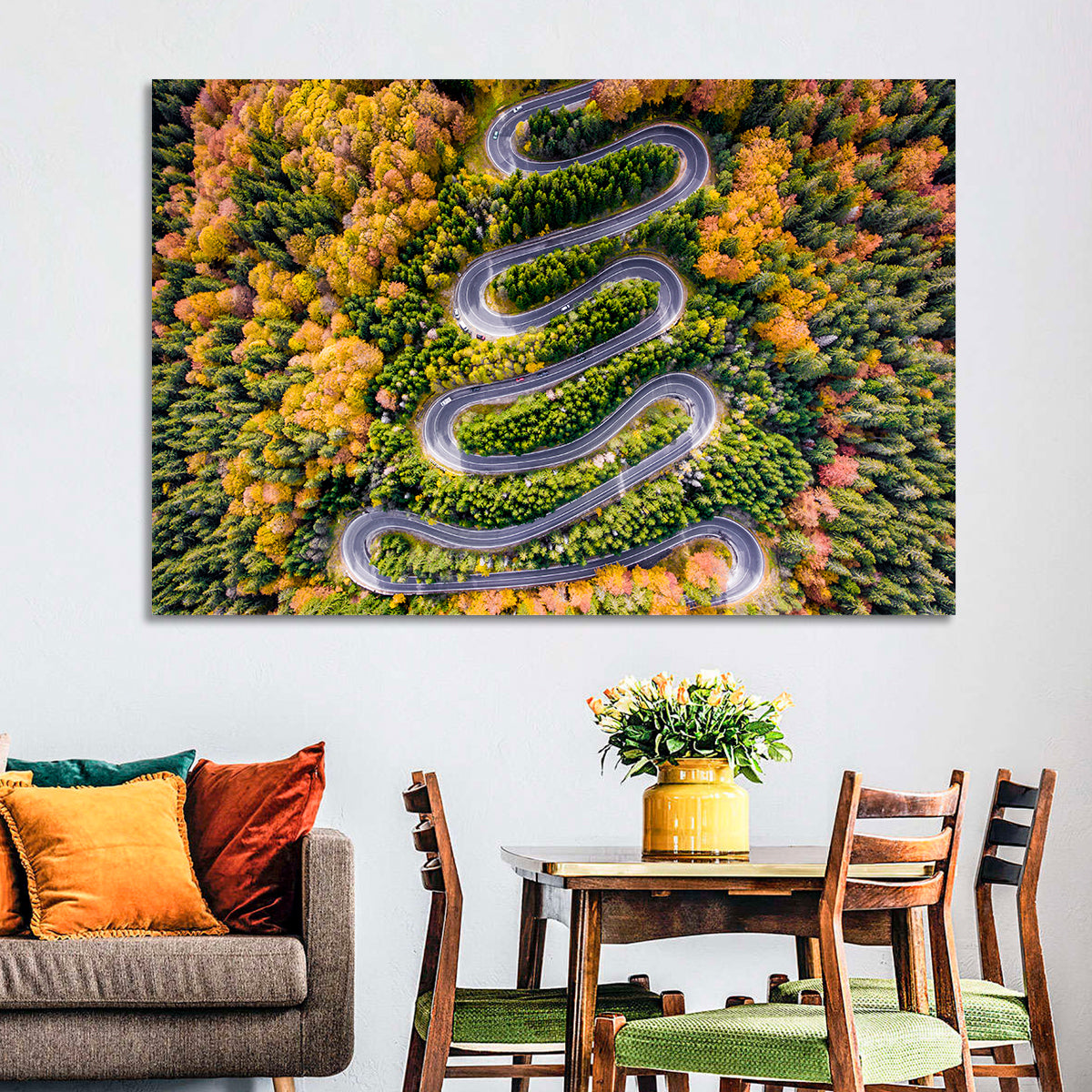 Autumn Winding Forest Road Wall Art in a room, landscape