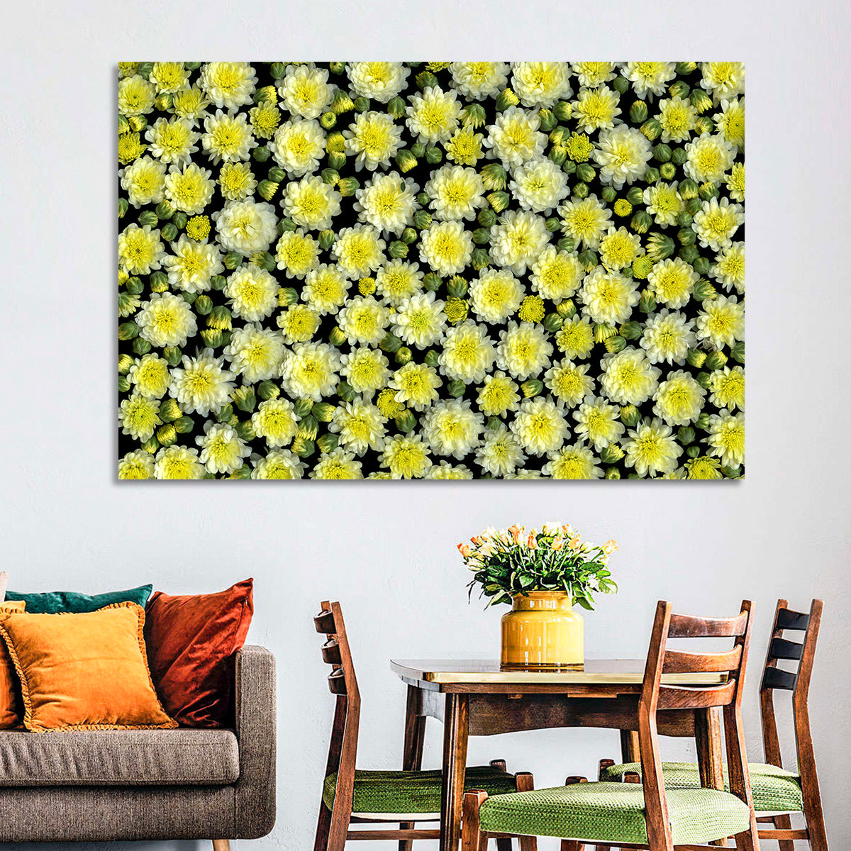 Yellow Chrysanthemum Bloom Pattern Wall Art in a room, landscape
