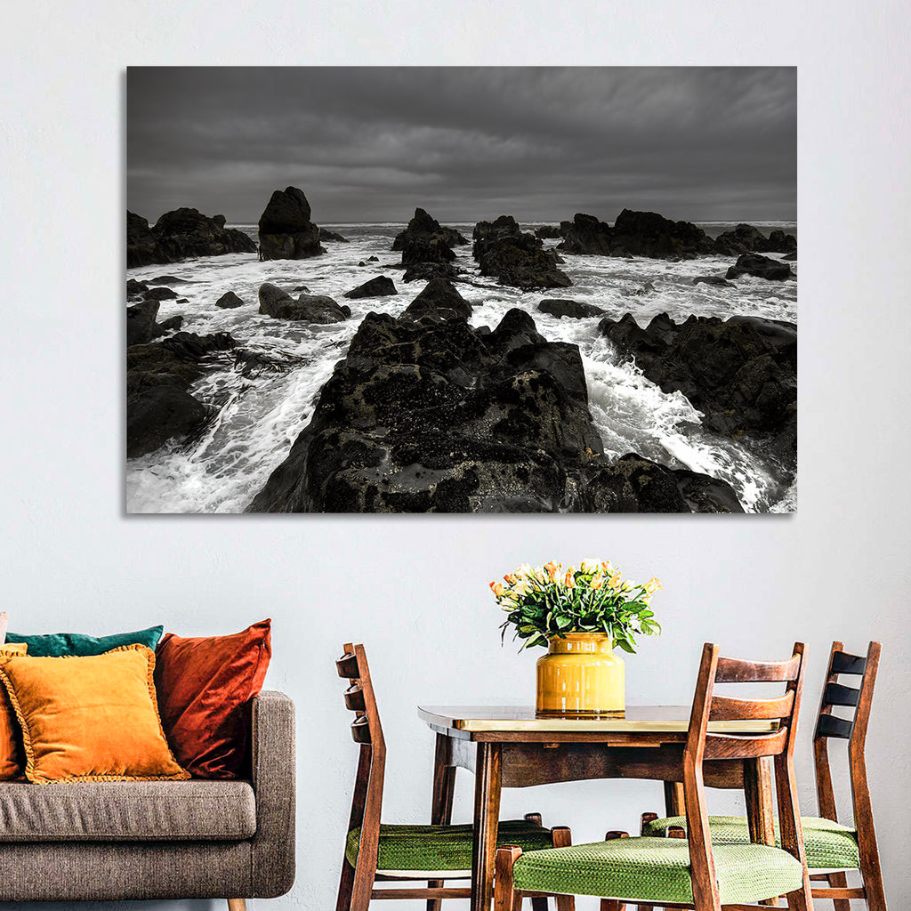 Moody Black and White Rocky Coast Waves Wall Art