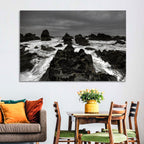Moody Black and White Rocky Coast Waves Wall Art