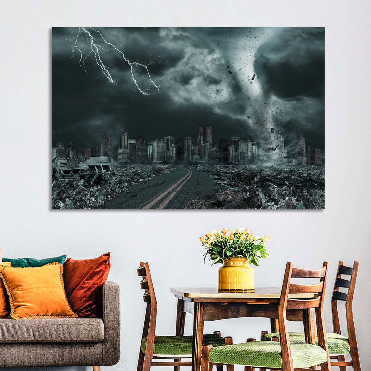 Tornado Over Destroyed City Skyline Wall Art in a room, landscape