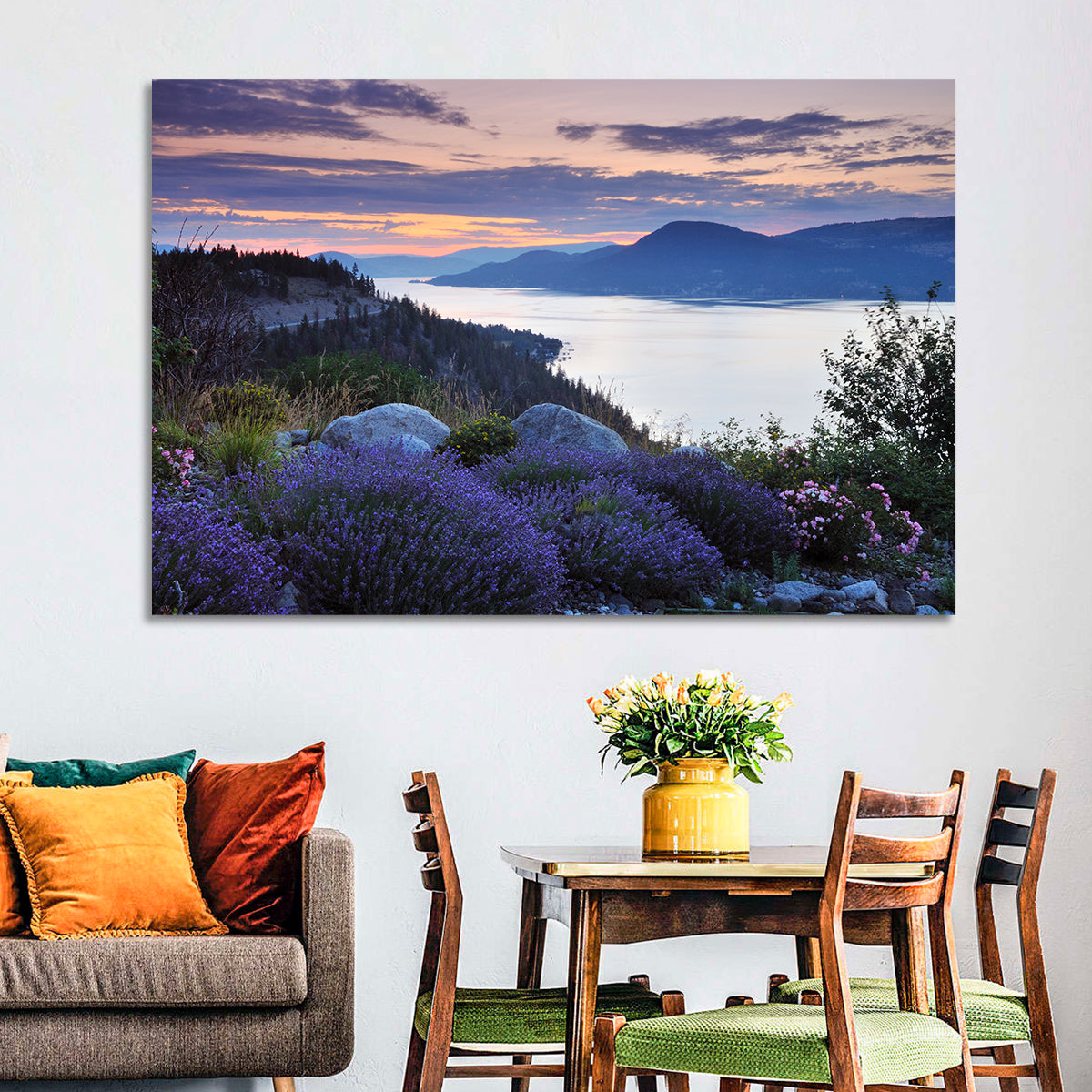 Okanagan Lavender Lake Wall Art in a room, landscape