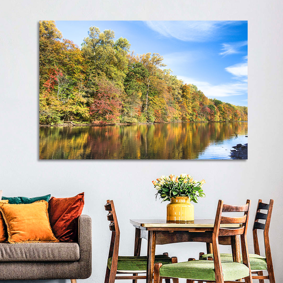 Lake Surprise Autumn Reflection Wall Art in a room, landscape