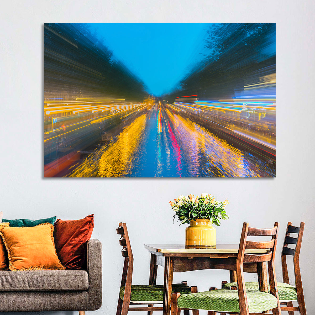 Canal Reflections at Night Wall Art in a room, landscape