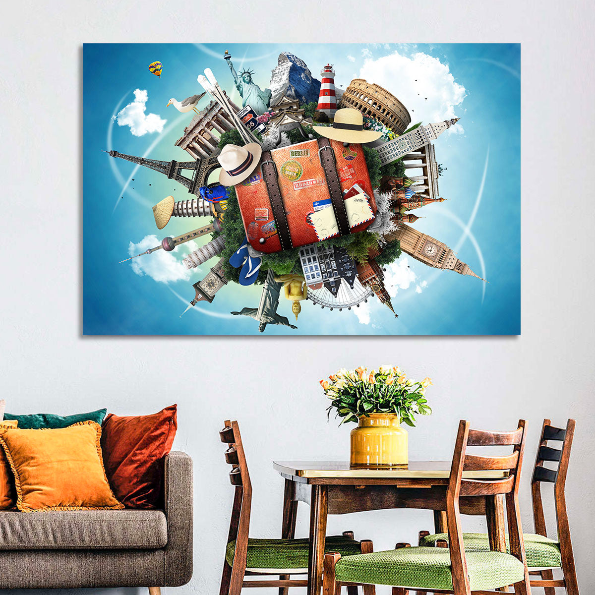 Suitcase and World Landmarks Montage Wall Art in a room, landscape
