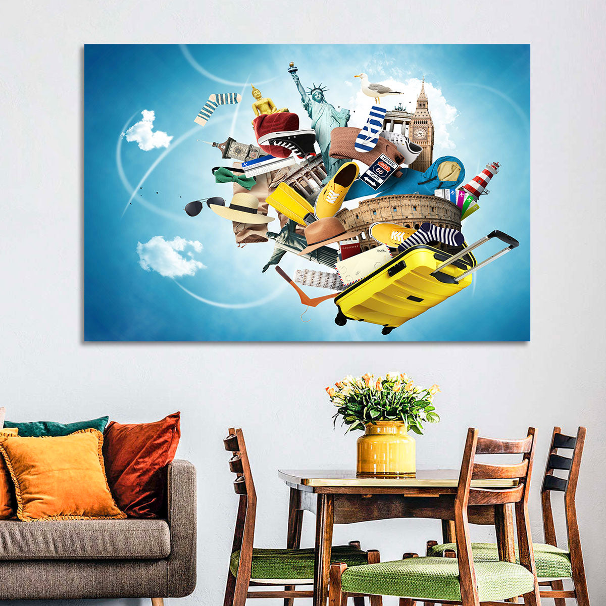 Floating Landmarks with Yellow Suitcase Wall Art
