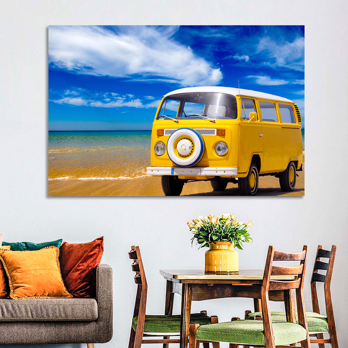 Yellow Vintage Van on Beach Wall Art