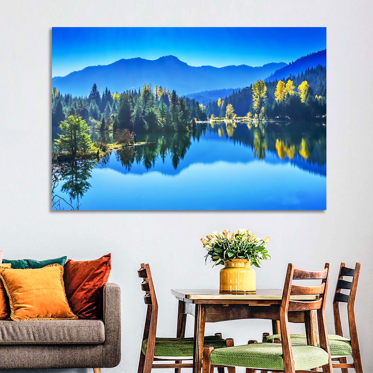 Gold Lake Reflection Wall Art in a room, landscape