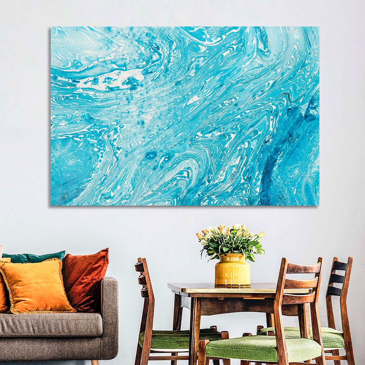 Cerulean Marbled Waves Wall Art in a room, landscape