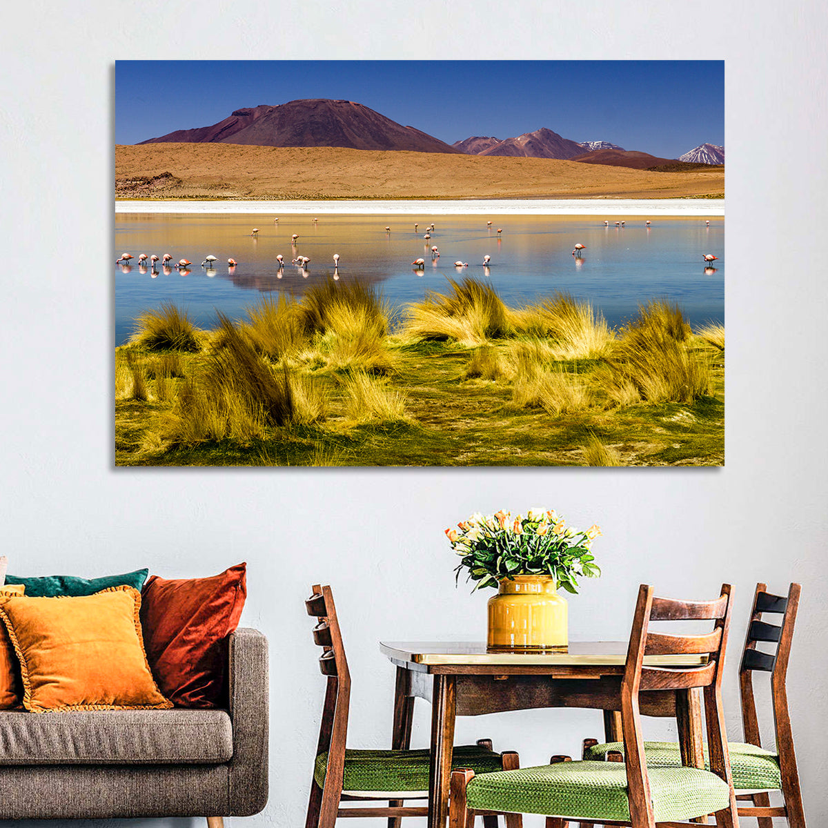 Flamingos on Salt Lake Wall Art in a room, landscape