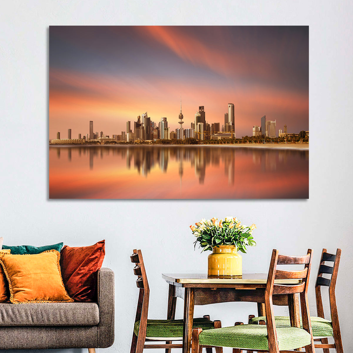 Kuwait City Skyline at Sunset Wall Art in a room, landscape