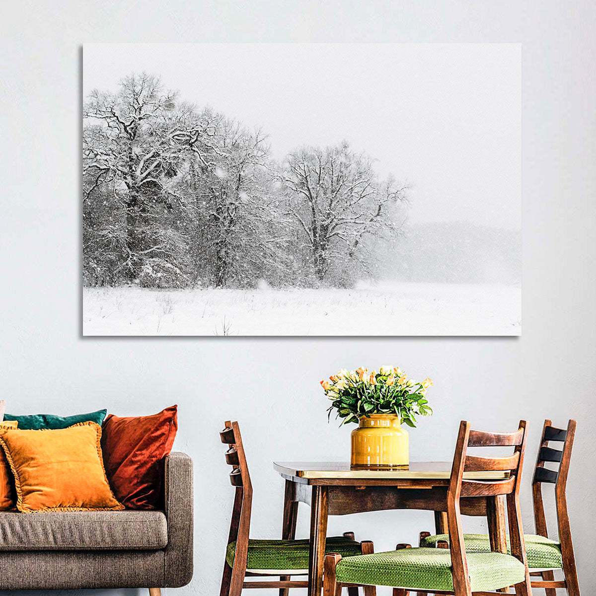 Snow-covered Trees in Fog Wall Art in a room, landscape