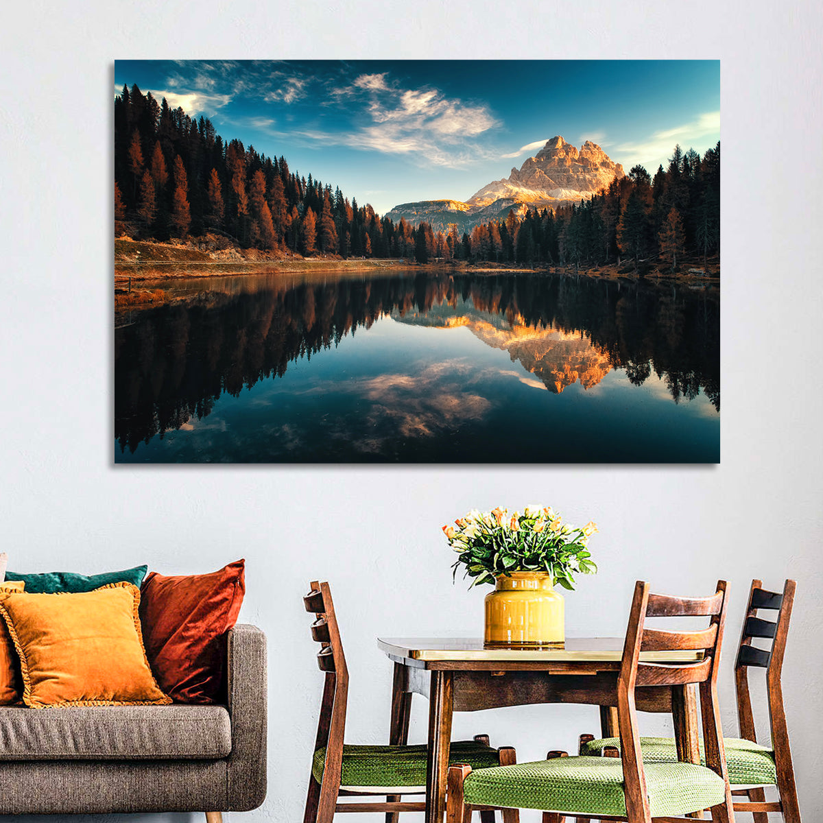 Lago Antorno Golden Hour Reflection Wall Art in a room, landscape