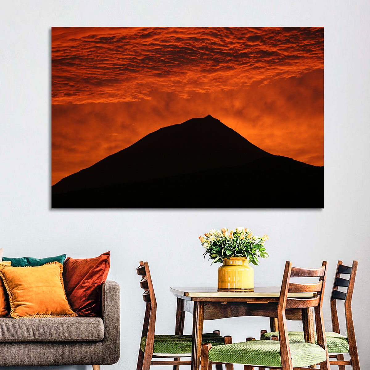 Pico Island Volcano Silhouette at Sunset Wall Art in a room, landscape