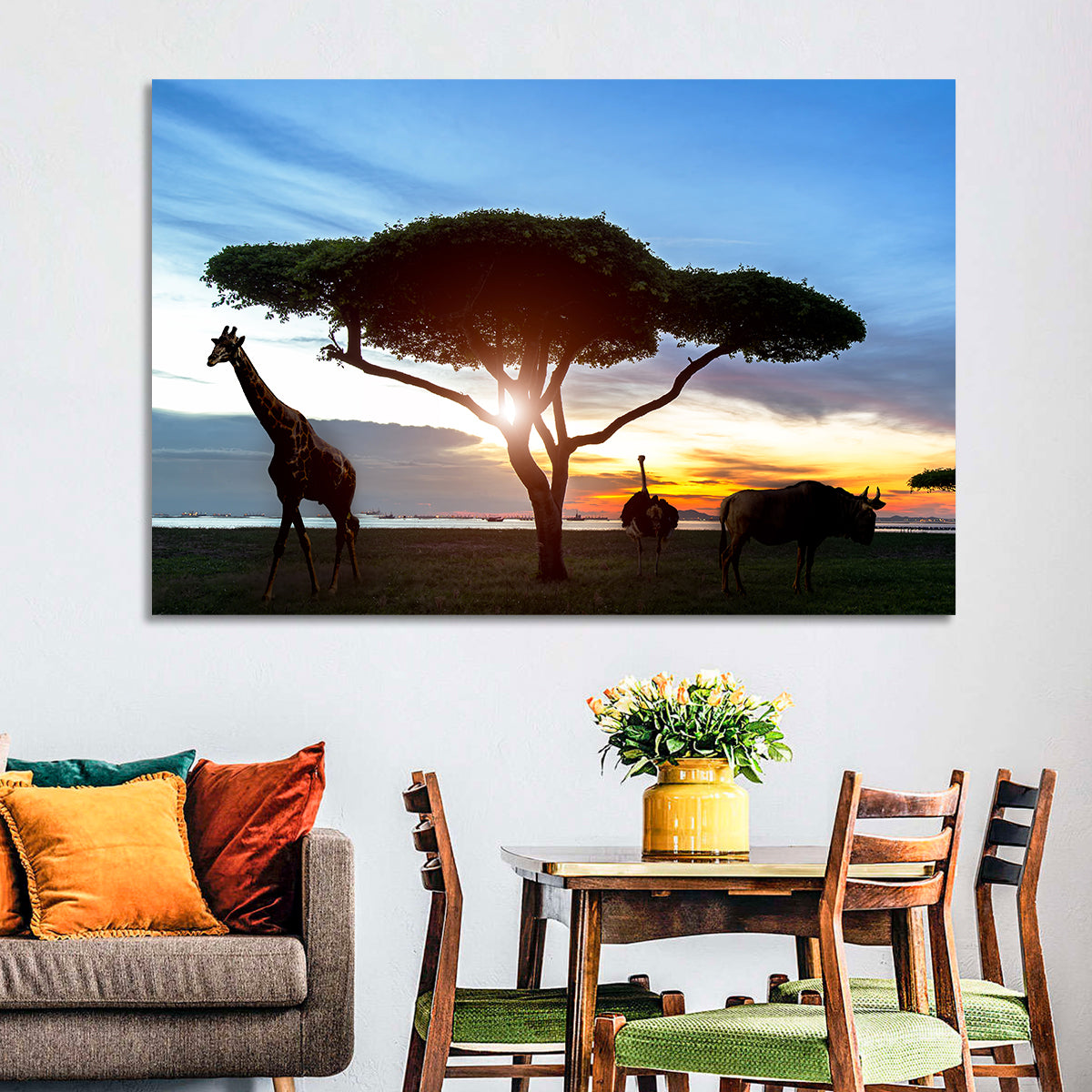 Savanna Silhouettes at Golden Hour Wall Art in a room, landscape