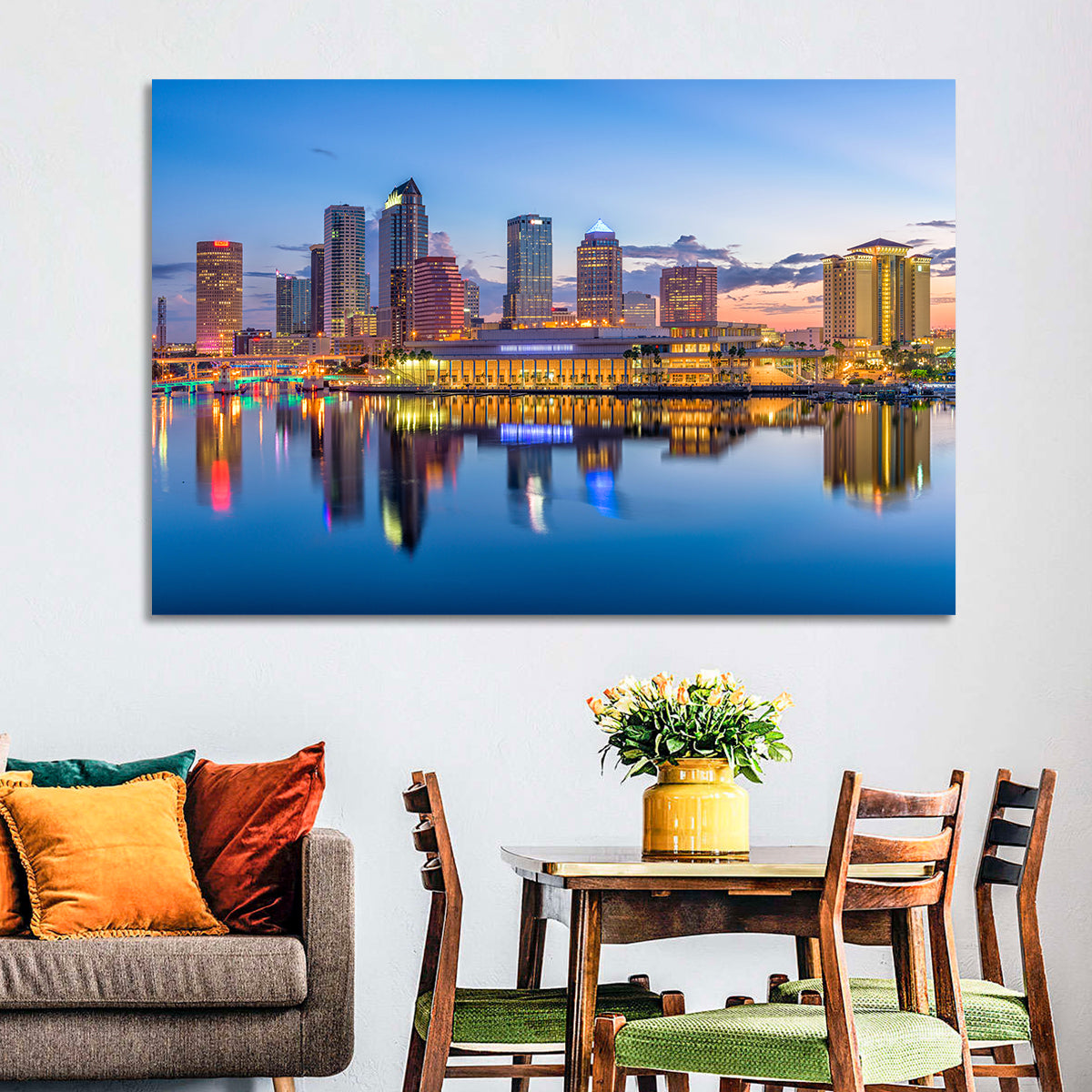 Tampa Twilight Skyline Wall Art in a room, landscape