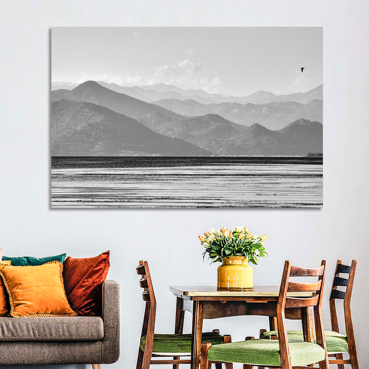 Skadar Lake Monochrome Landscape Wall Art in a room, landscape