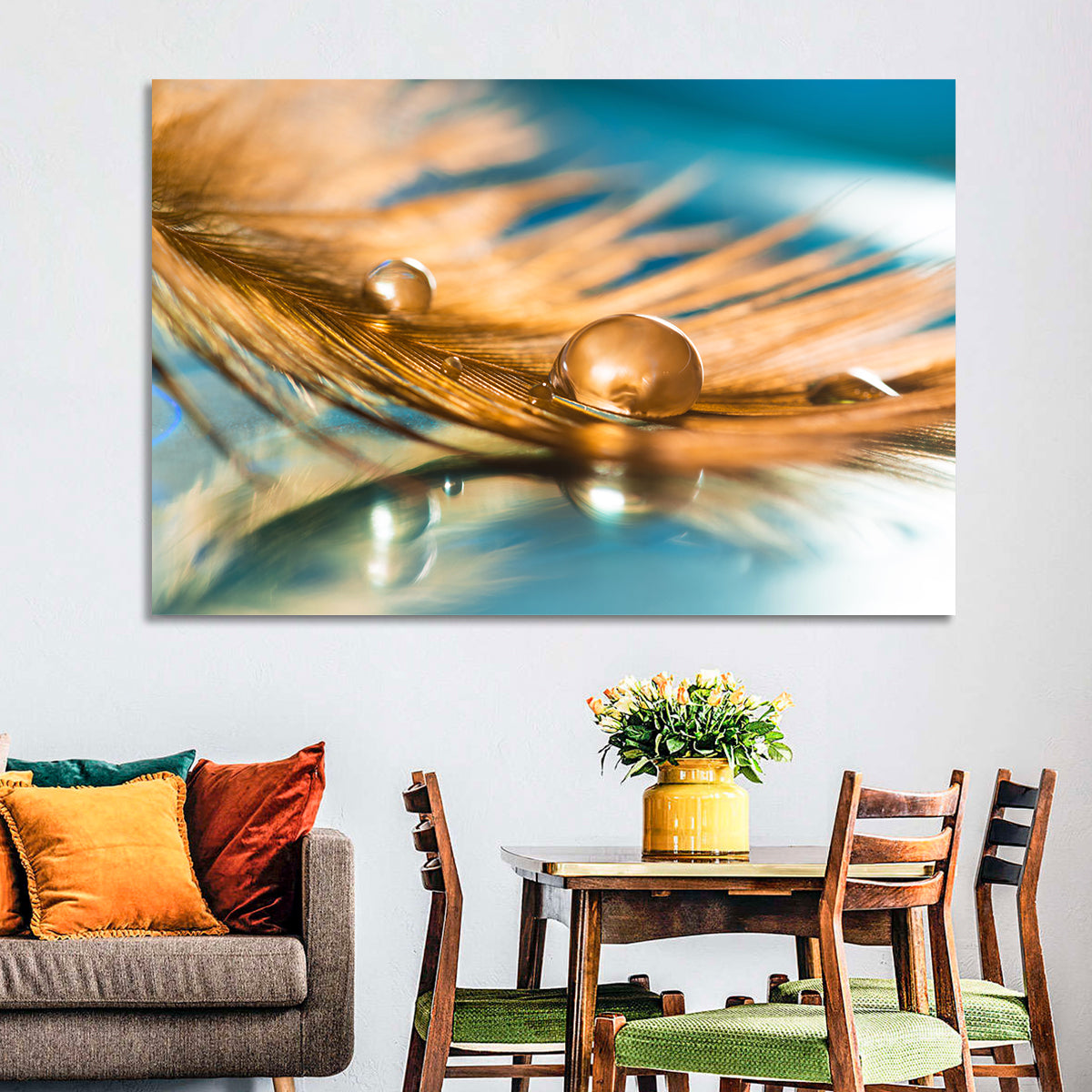 Golden Feather with Droplets Wall Art in a room, landscape