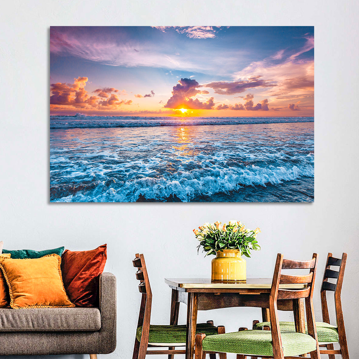 Sunburst Ocean Wave Wall Art in a room, landscape