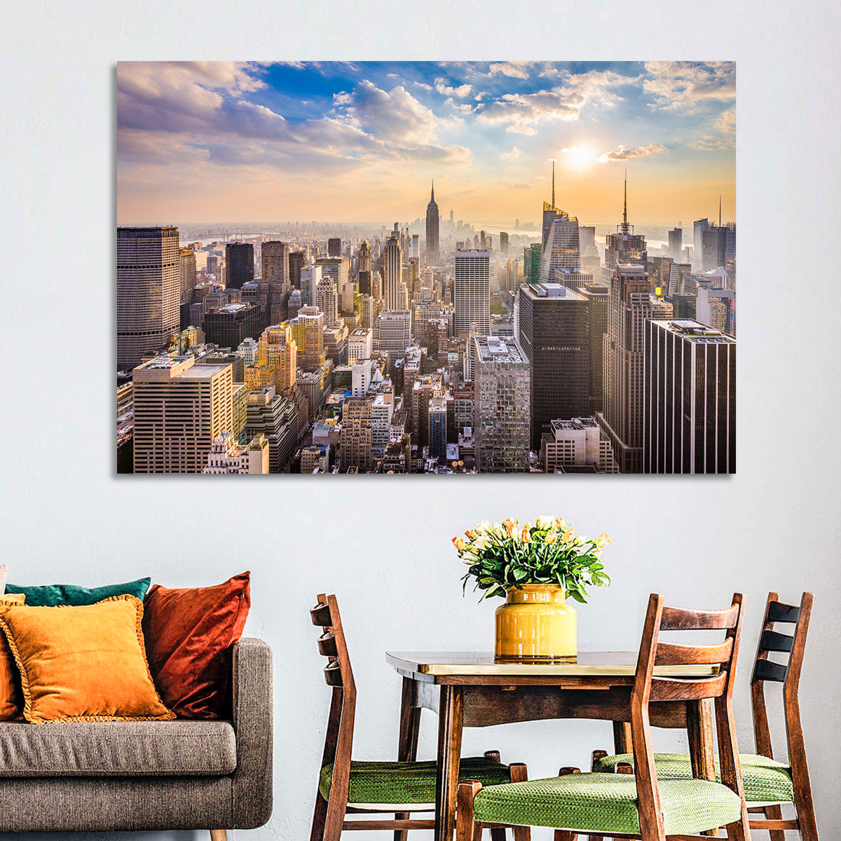 New York City Skyline at Golden Hour Wall Art in a room, landscape