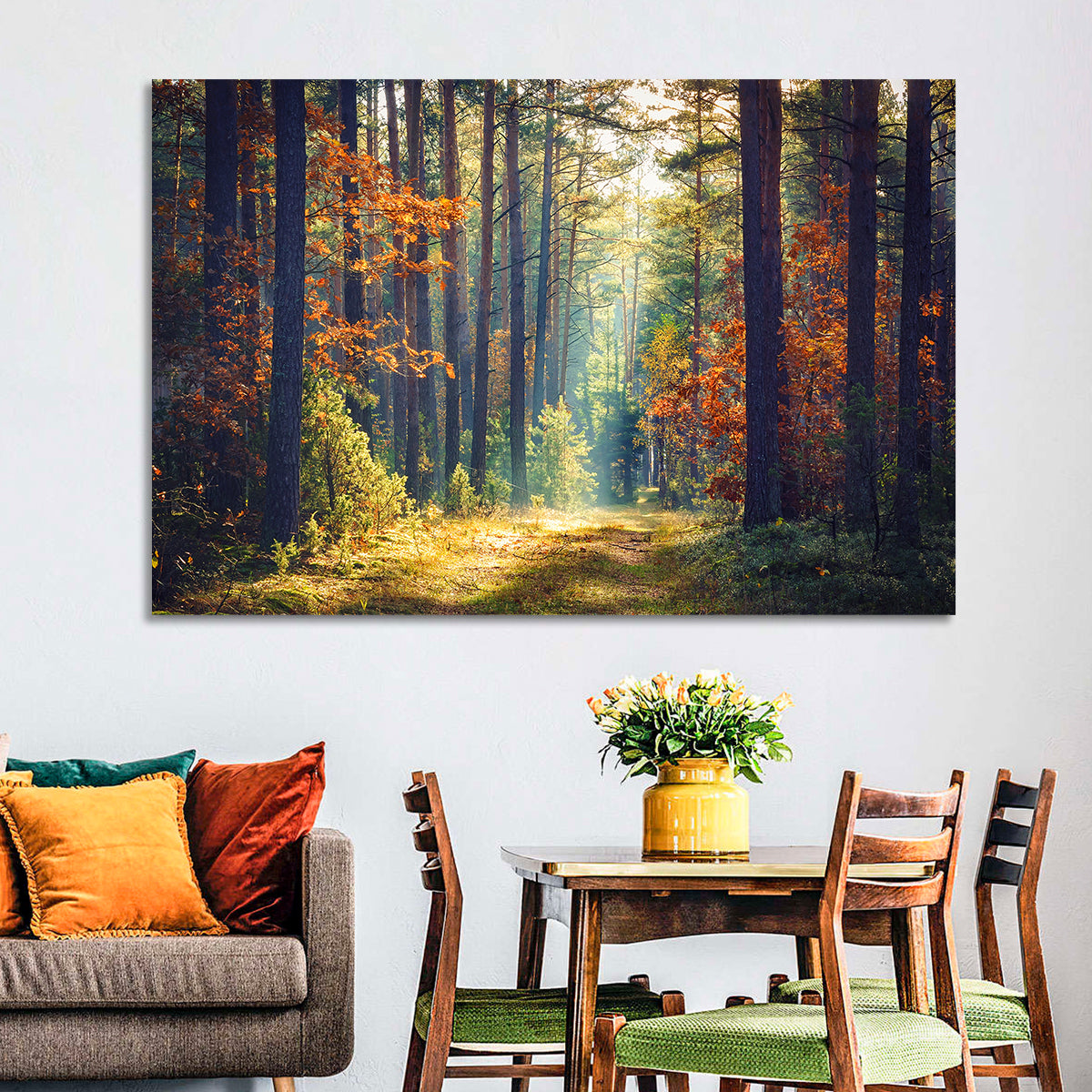 Sunlit Autumn Pine Forest Wall Art in a room, landscape