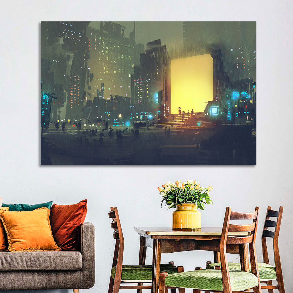 Rainy Night City with Glowing Portal Wall Art