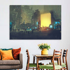 Rainy Night City with Glowing Portal Wall Art