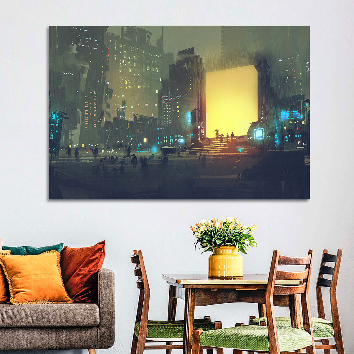 Rainy Night City with Glowing Portal Wall Art