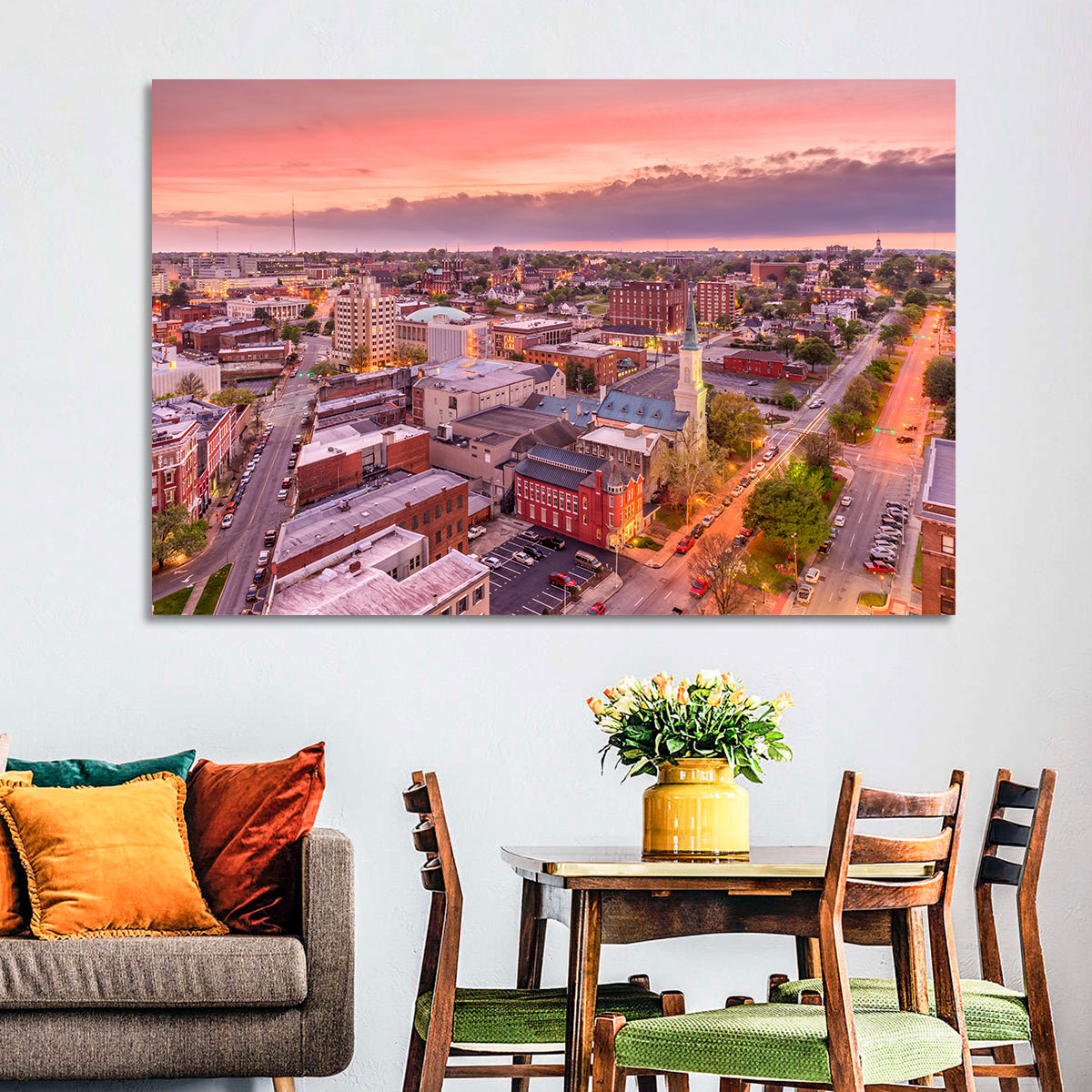 Church Spire at Dusk Wall Art in a room, landscape