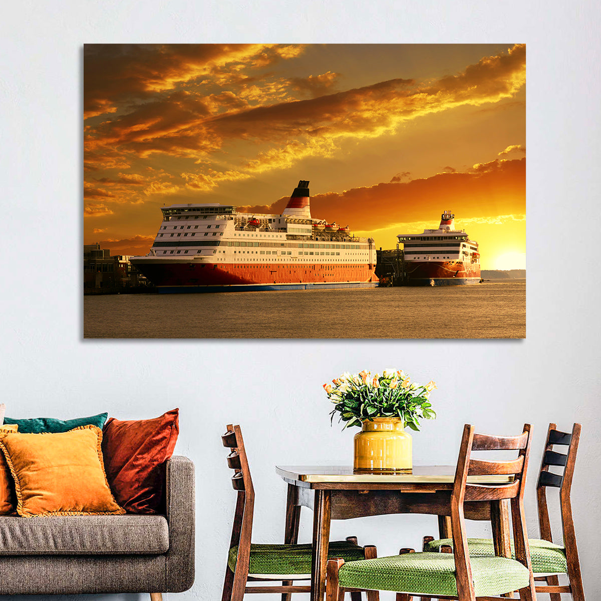 Red-hulled Cruise Ships at Dusk Wall Art in a room, landscape