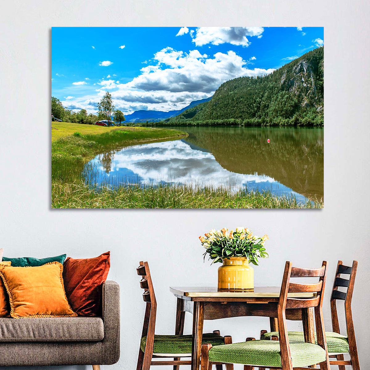 Lake Mjosa Reflection Wall Art in a room, landscape