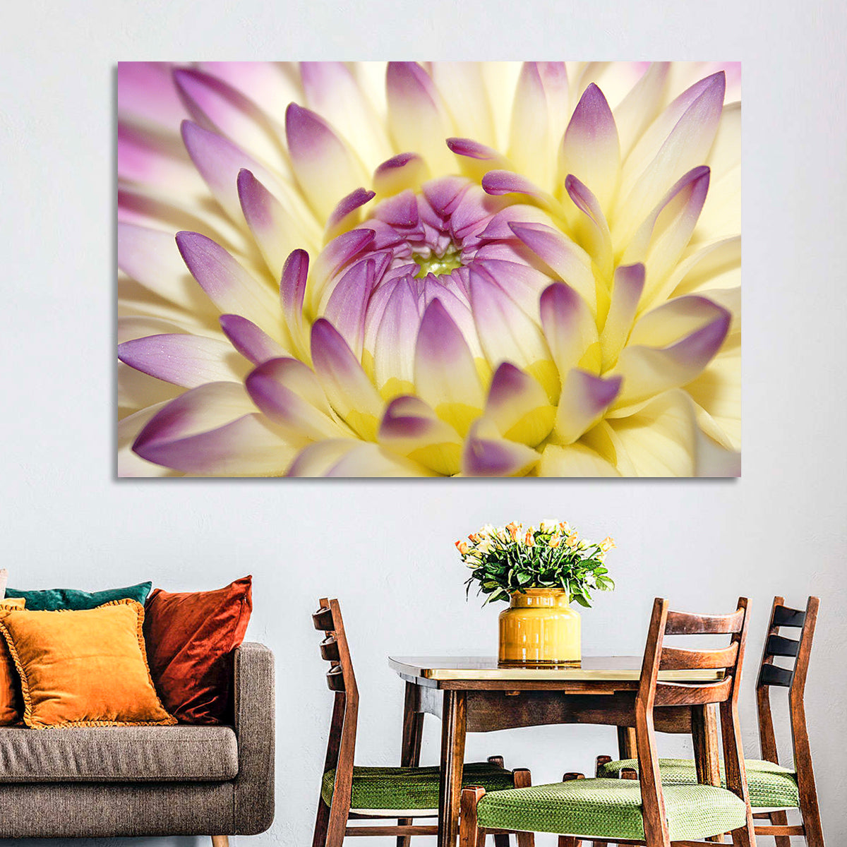 Dahlia Macro Portrait Wall Art in a room, landscape