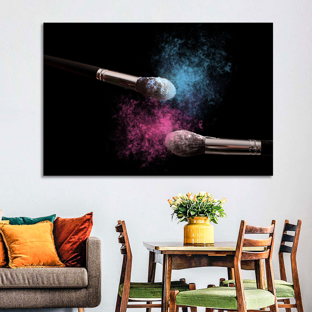 Powder Burst Makeup Brushes Wall Art in a room, landscape
