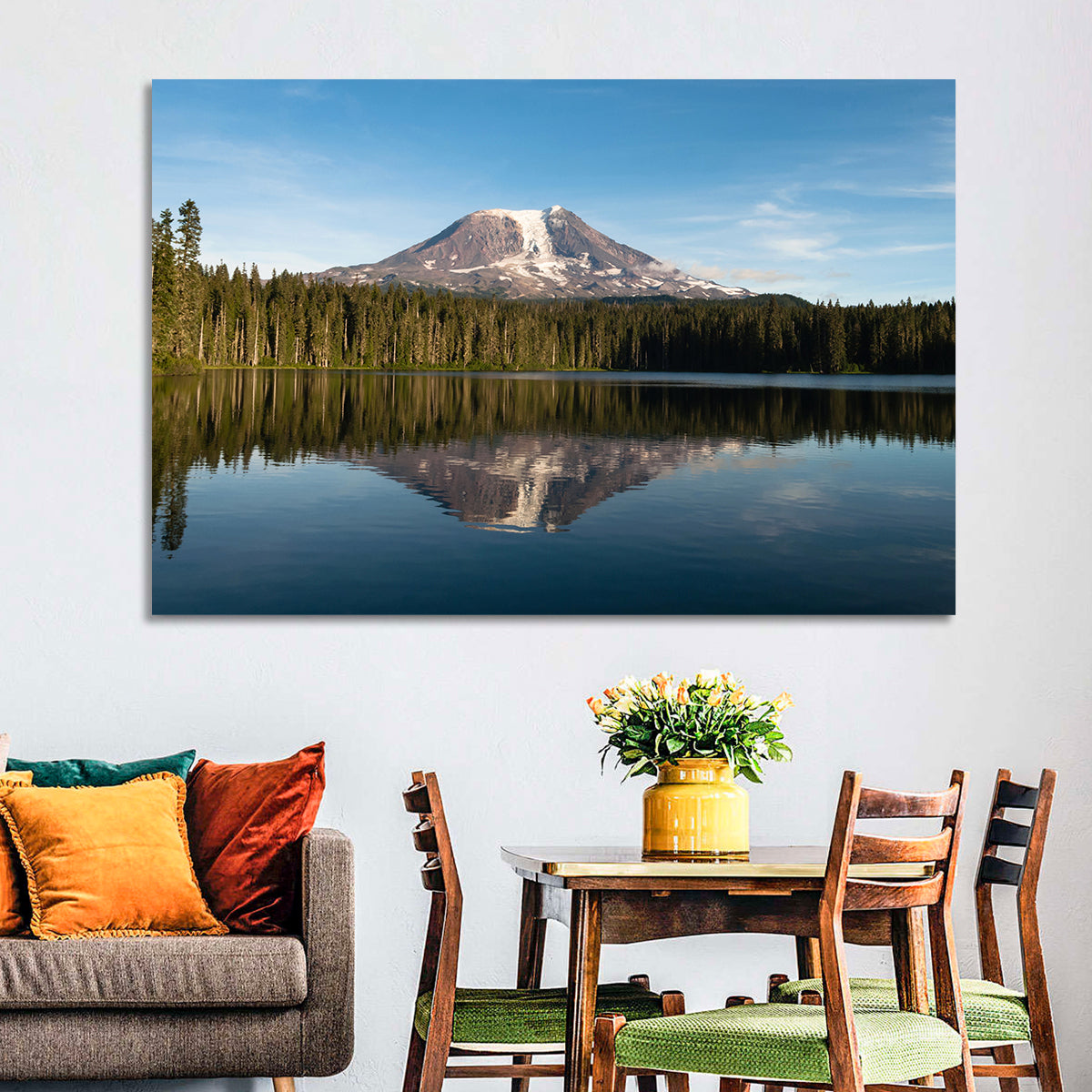 Takhlakh Lake Reflection Wall Art in a room, landscape