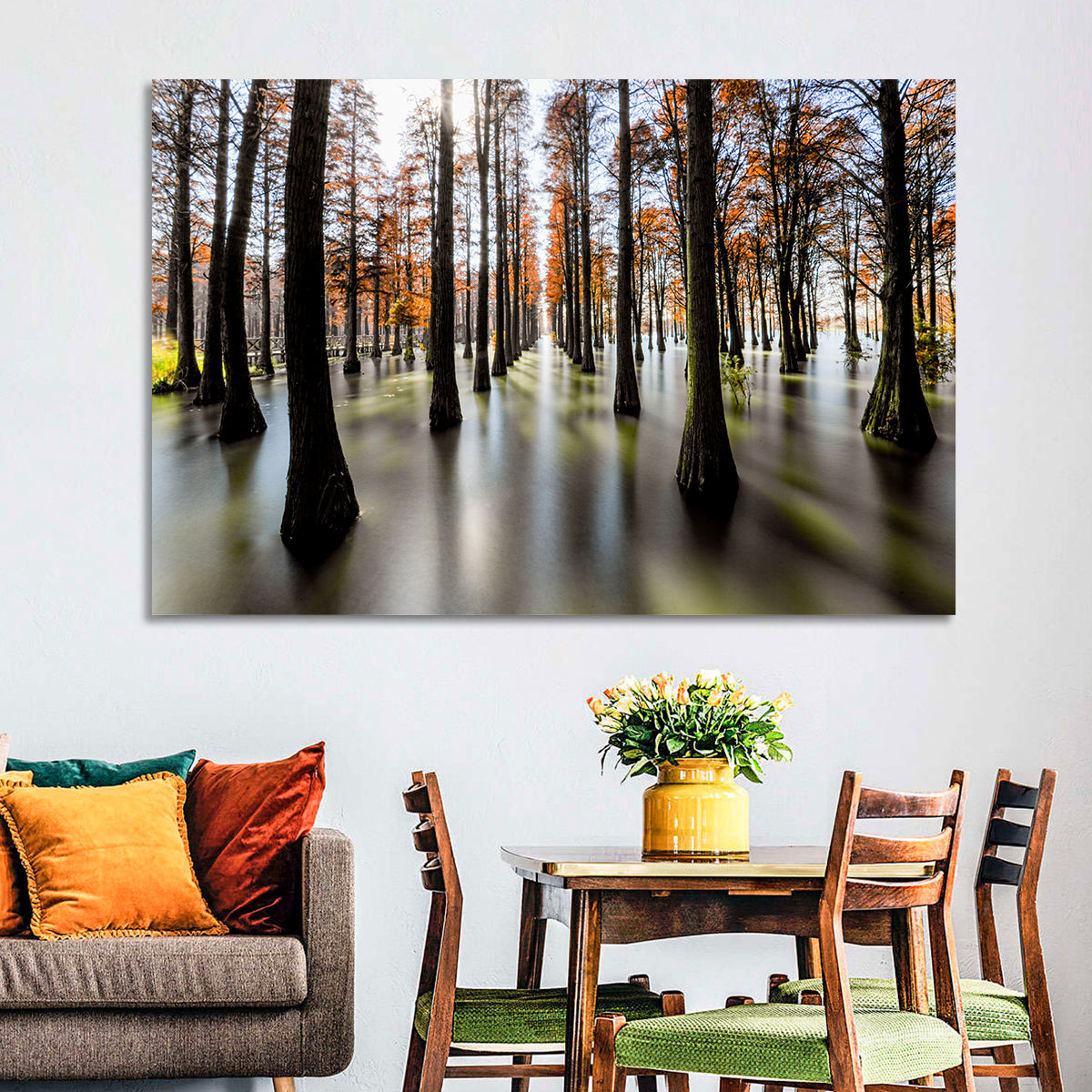 Autumn Flooded Cypress Forest Wall Art in a room, landscape