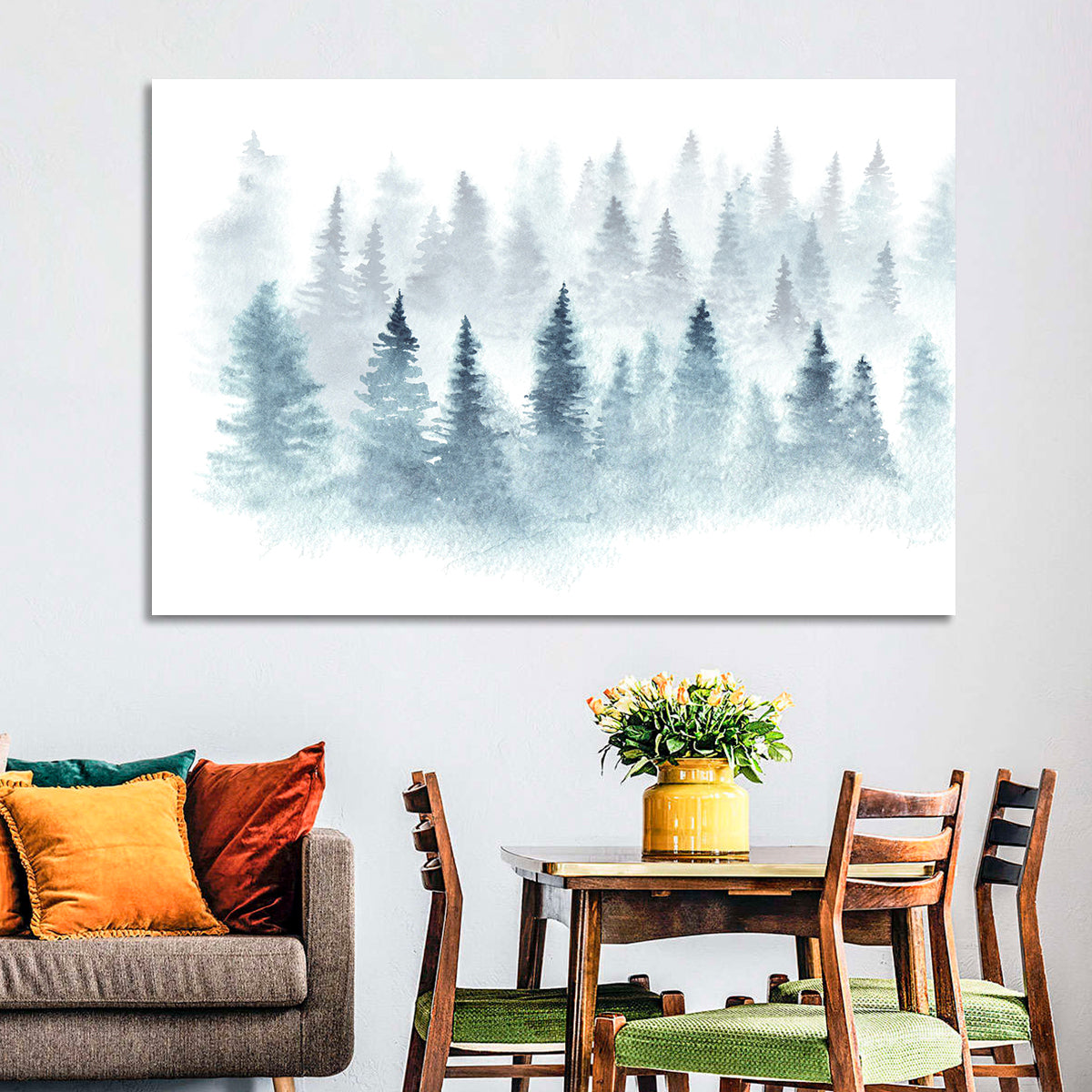 Misty Pine Forest Watercolor Wall Art
