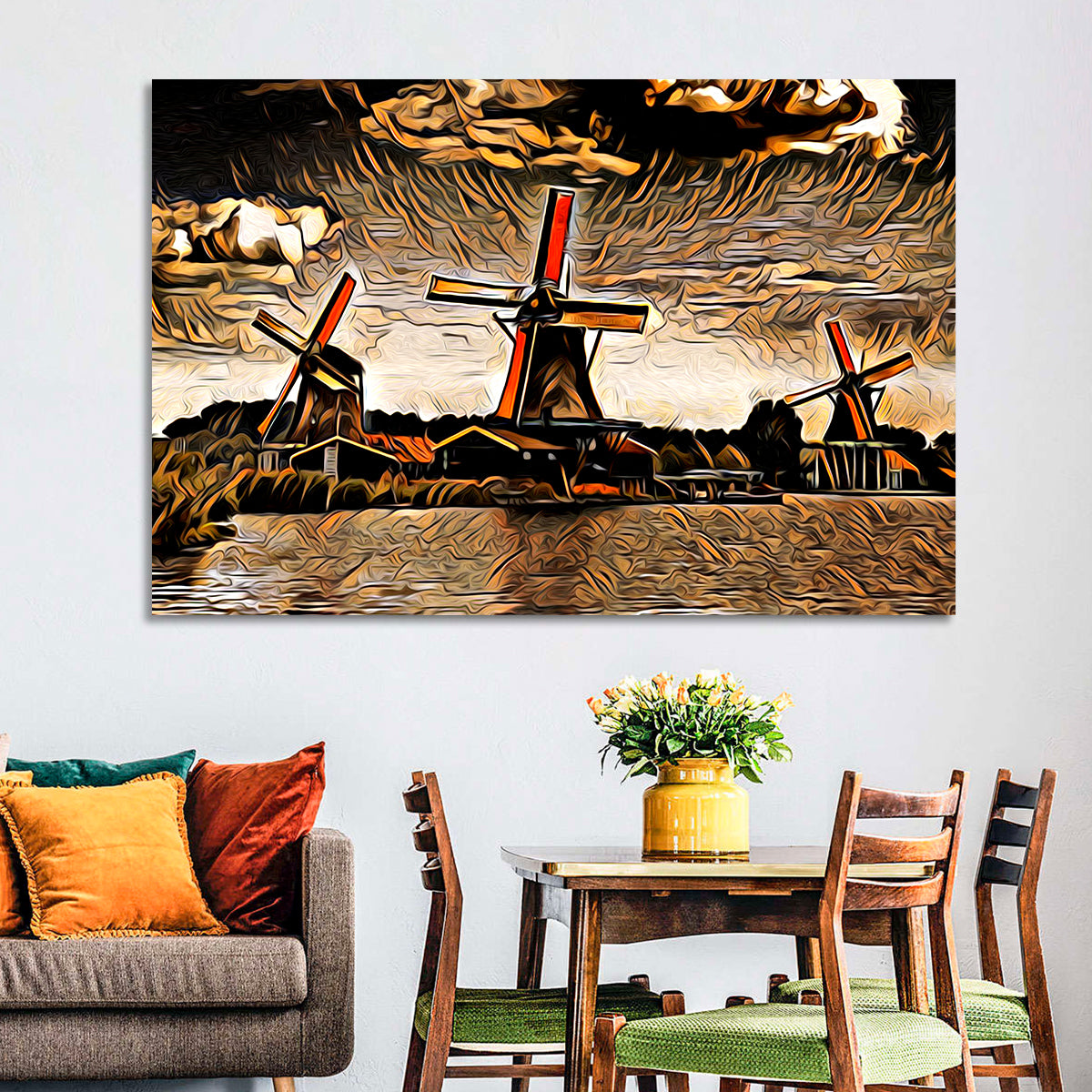 Retro Windmills at Sunset Wall Art in a room, landscape