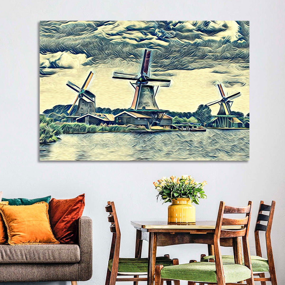 Three Vintage Windmills Wall Art in a room, landscape
