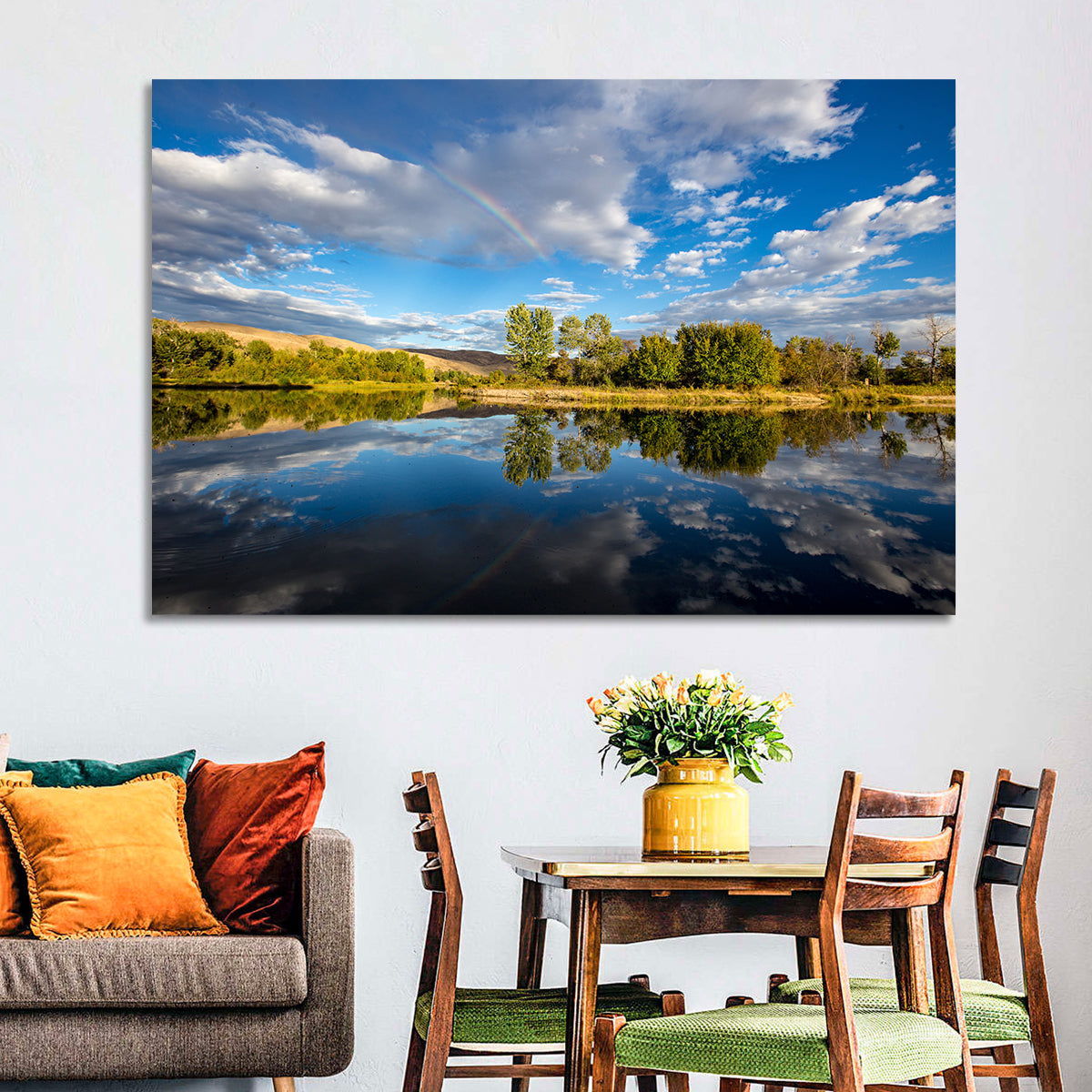 Boise River Rainbow Reflection Wall Art in a room, landscape
